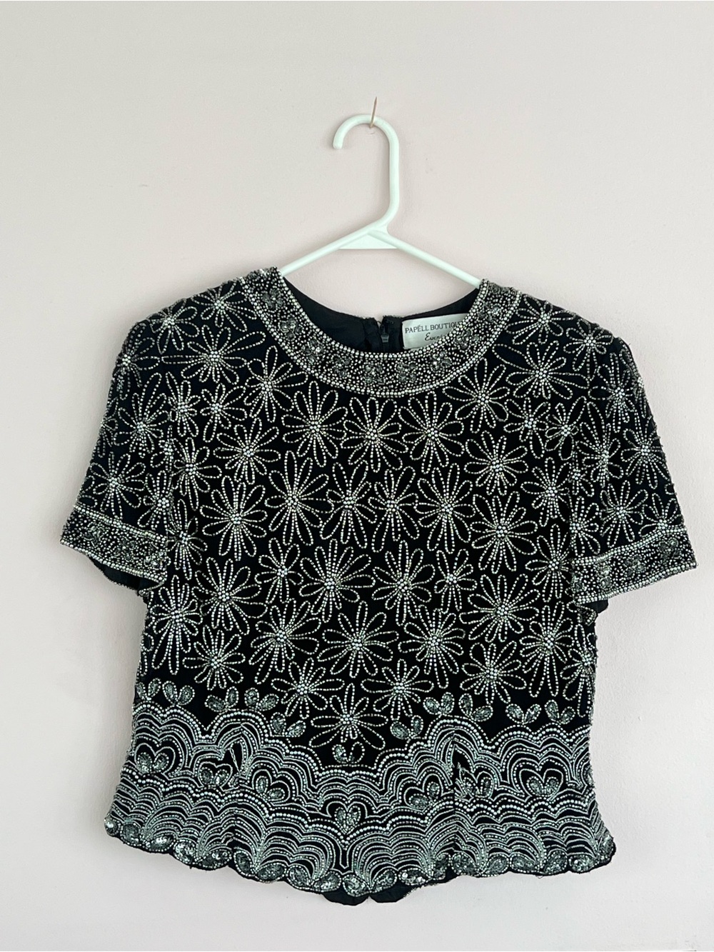 Papell Boutique Evening Black Silk Heavily Beaded Formal Blouse Petite Large